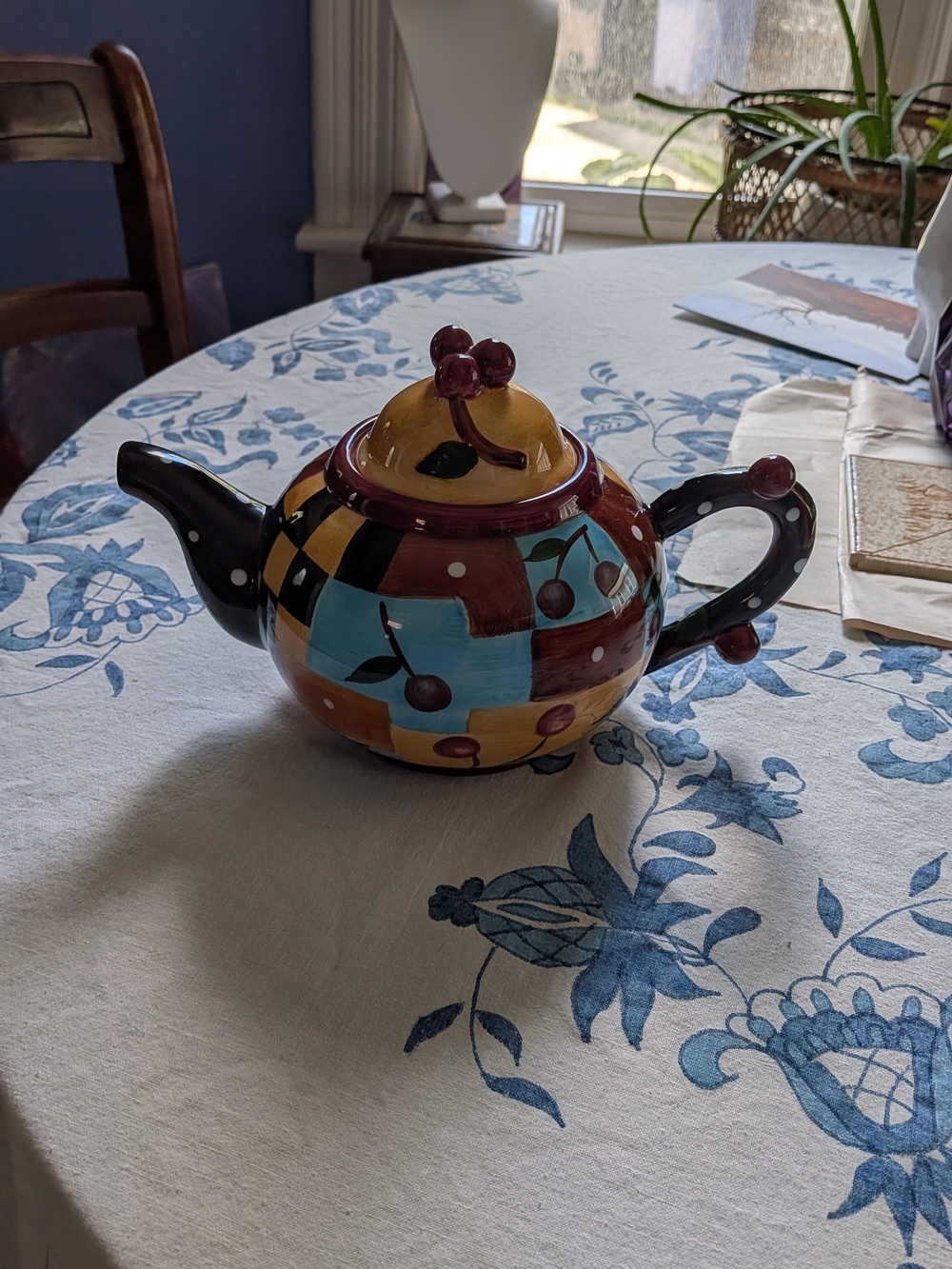 Hand-Painted Cherry Patchwork Ceramic Teapot - Multicolor